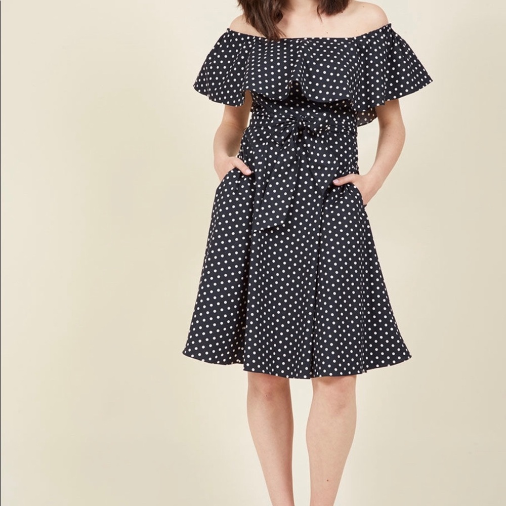 Black and white dot off shoulder dress